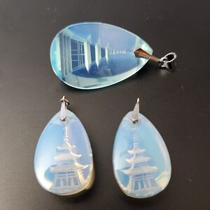 Vintage Japanese Intaglio Glass Pagoda Pendants